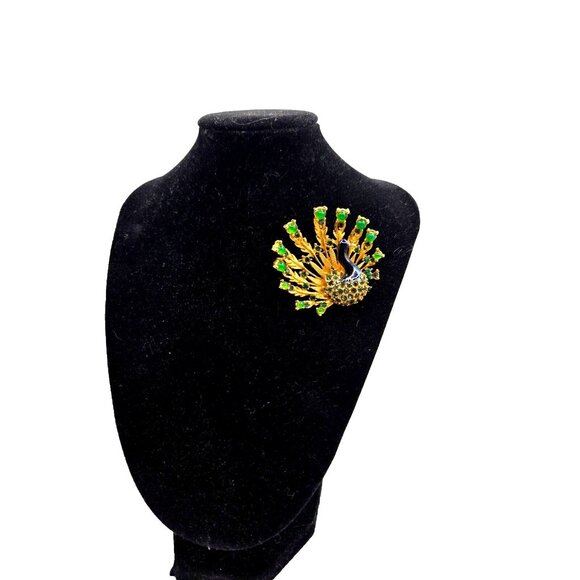Vintage GP Fanned Peacock Brooch BOUCHER signed 2825 green & blue rhinestone